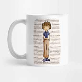 Cute girl with stylish old fashioned hair wearing feminist clothes and blue boots Mug